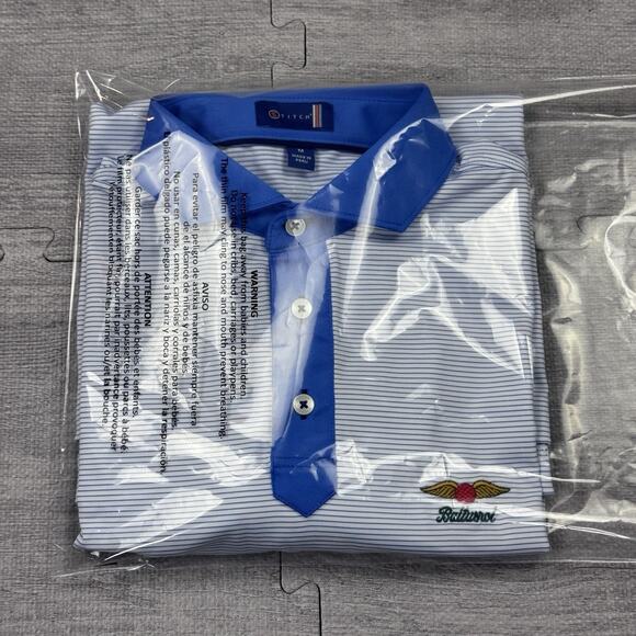 Stitch Golf Polo Shirt Mens M Blue Striped Baltusrol Logo Performance Preppy EUC - Picture 10 of 13